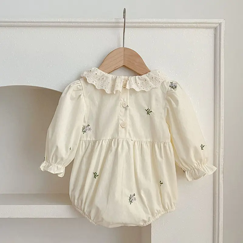 Autumn Baby Girl Clothes Spring Infant Bodysuit Lace Collar Puff Sleeve Princess One Piece Embroidered Flowers Clothing Outfits
