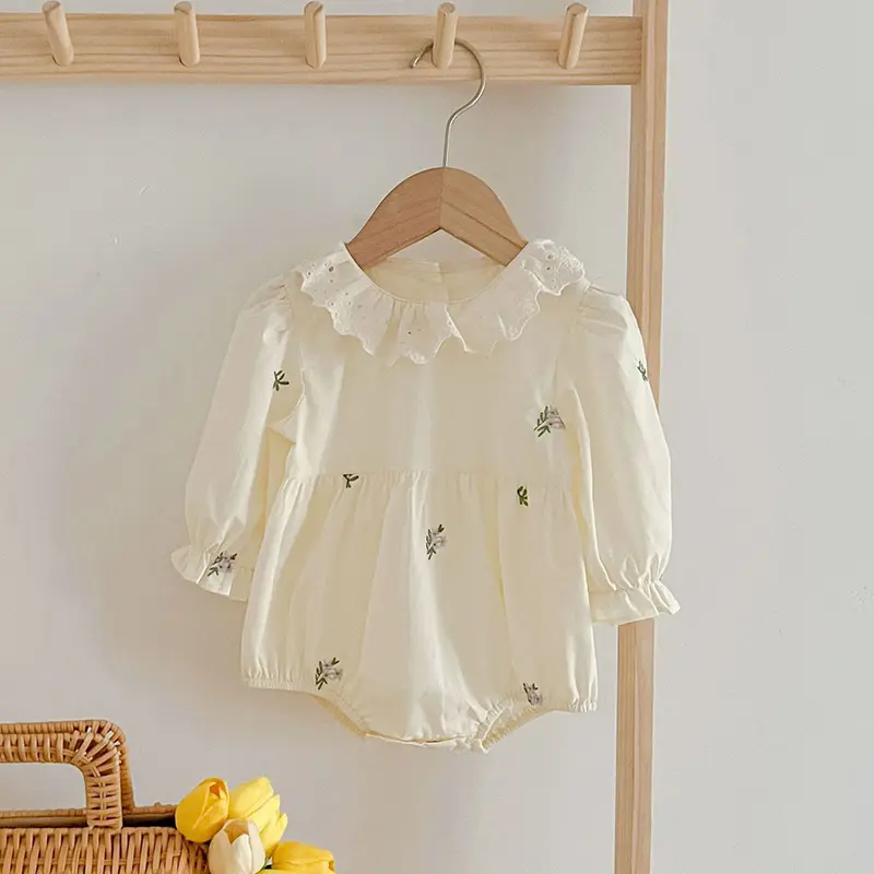 Autumn Baby Girl Clothes Spring Infant Bodysuit Lace Collar Puff Sleeve Princess One Piece Embroidered Flowers Clothing Outfits