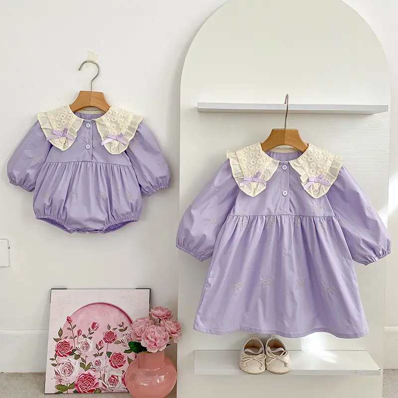 Sisters Clothes Girls Bow Embroidery Lace Clothing Baby Romper Purple Cotton Infant Bodysuit Princess Girls Sister Family Dress