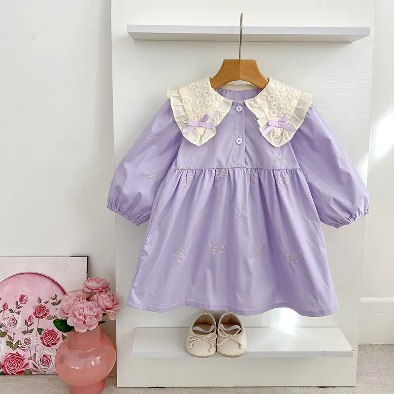 Sisters Clothes Girls Bow Embroidery Lace Clothing Baby Romper Purple Cotton Infant Bodysuit Princess Girls Sister Family Dress