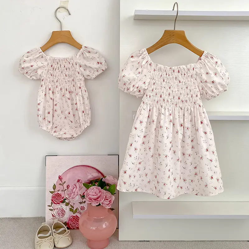 Girls Sister Clothes Summer Sister Newborn Toddler Baby Girls Lace Jumpsuit Sweet Baby Girls Pink Flowers Kids Princess Dress
