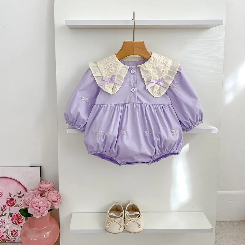 Sisters Clothes Girls Bow Embroidery Lace Clothing Baby Romper Purple Cotton Infant Bodysuit Princess Girls Sister Family Dress