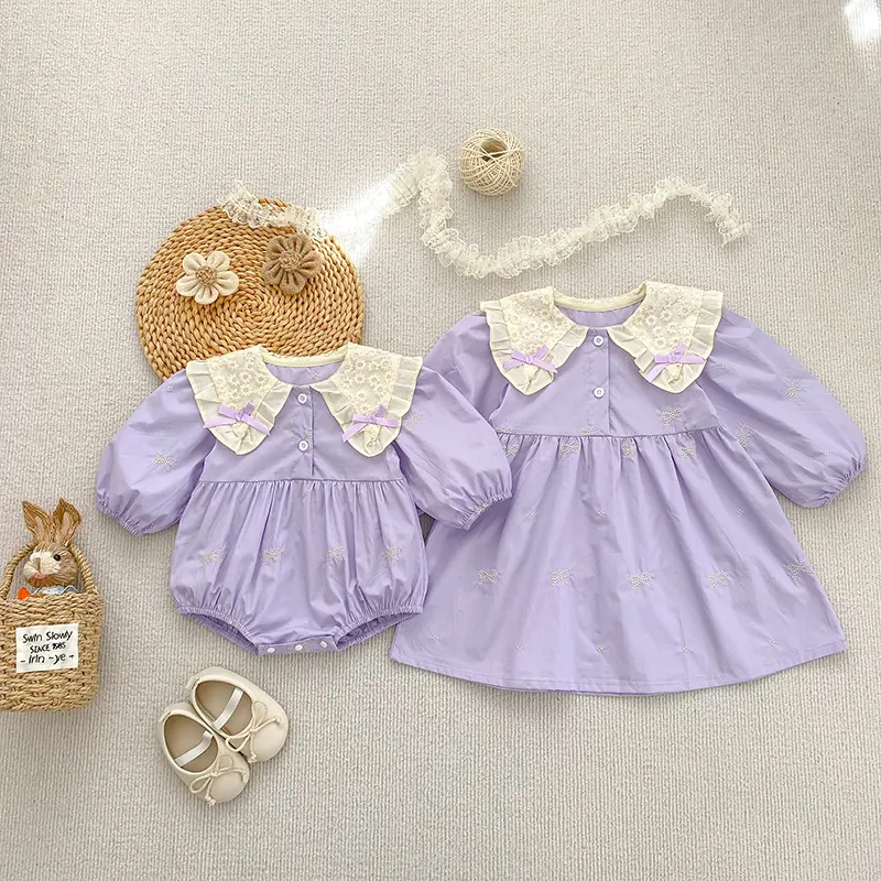 Sisters Clothes Girls Bow Embroidery Lace Clothing Baby Romper Purple Cotton Infant Bodysuit Princess Girls Sister Family Dress