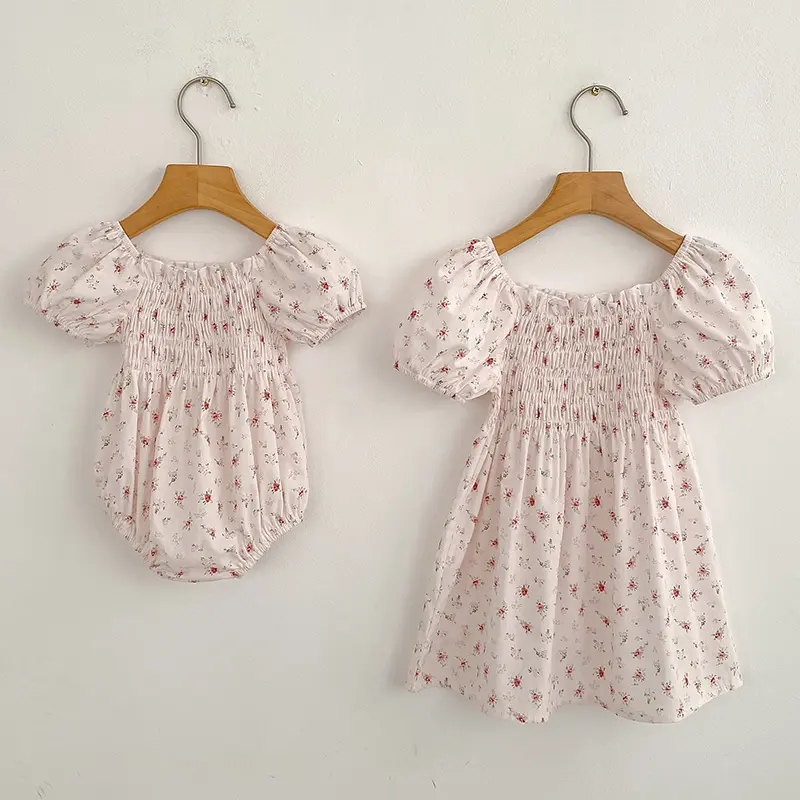 Girls Sister Clothes Summer Sister Newborn Toddler Baby Girls Lace Jumpsuit Sweet Baby Girls Pink Flowers Kids Princess Dress