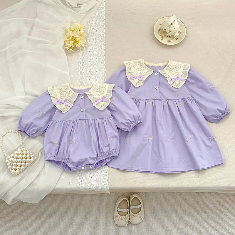Sisters Clothes Girls Bow Embroidery Lace Clothing Baby Romper Purple Cotton Infant Bodysuit Princess Girls Sister Family Dress