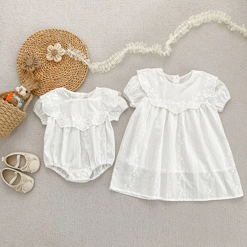 Summer Sisters Dress Baby Bodysuit Flower Embroidery Dress Infant Girls Baby Rompers Toddler Outfit Family Sister Dress Outfits