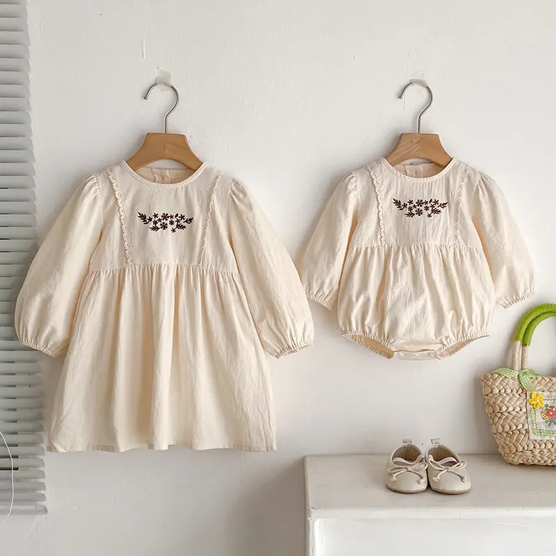 Sisters Dress Autumn Kids Baby Girls Retro Embroidery Sisters Lace Dress Infant Rompers Kids Baby Girls Princess Clothes Rompers