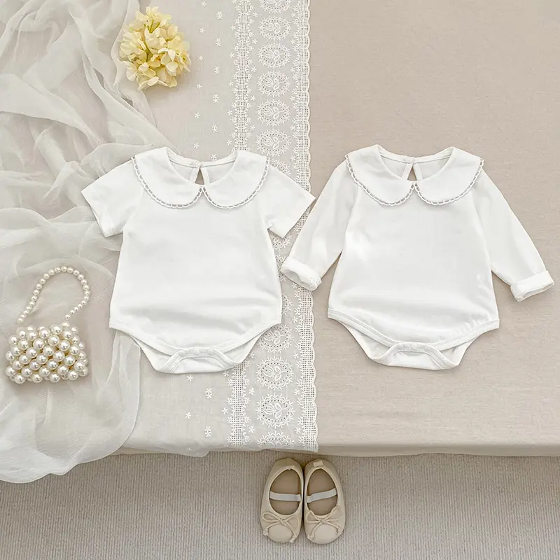 Summer Baby Girls Romper 0-24M Toddler Baby Girl Clothes Solid Color Round Neck Doll Collar Cotton Romper White Baby Clothes