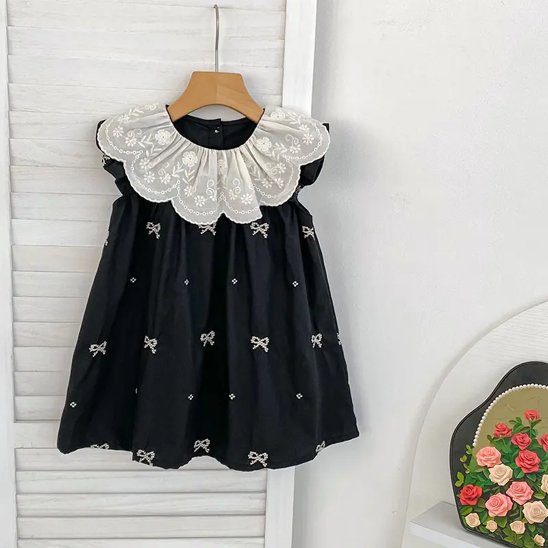 Summer Baby Girl Dress Girls Short Sleeve Dress Embroidered Collar Bow Fashion Dress Cotton Girl Princess Dress Baby Clothing