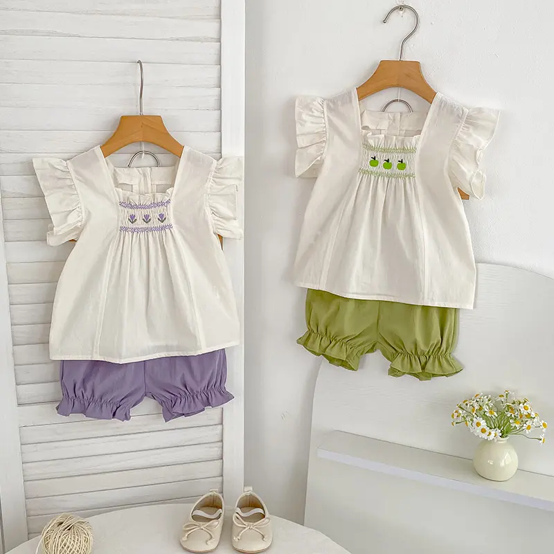 0-3Yrs Summer New Baby Puff Sleeve Set Flower Embroidery Tulip Infant Girl Vintage Shirt+Shorts 2PCS Suit Toddler Casual Outfits
