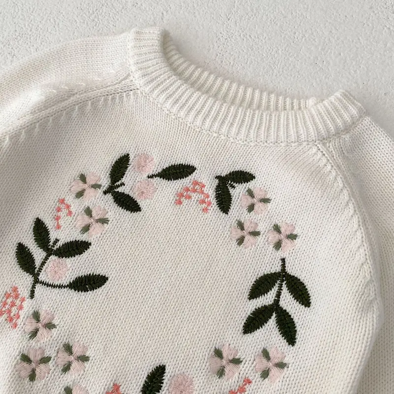 Spring and Autumn New Baby Clothing, 0-3 Year Old Female Baby, Round Neck Knitted Sweater with Flower Embroidery Sweater