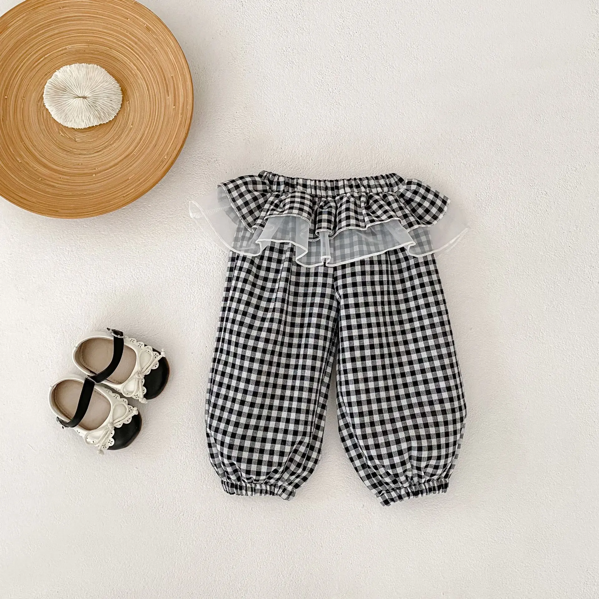 Summer new style baby clothes for 0-3 years old, cute and exquisite baby girl lace plaid pants, anti-mosquito pants