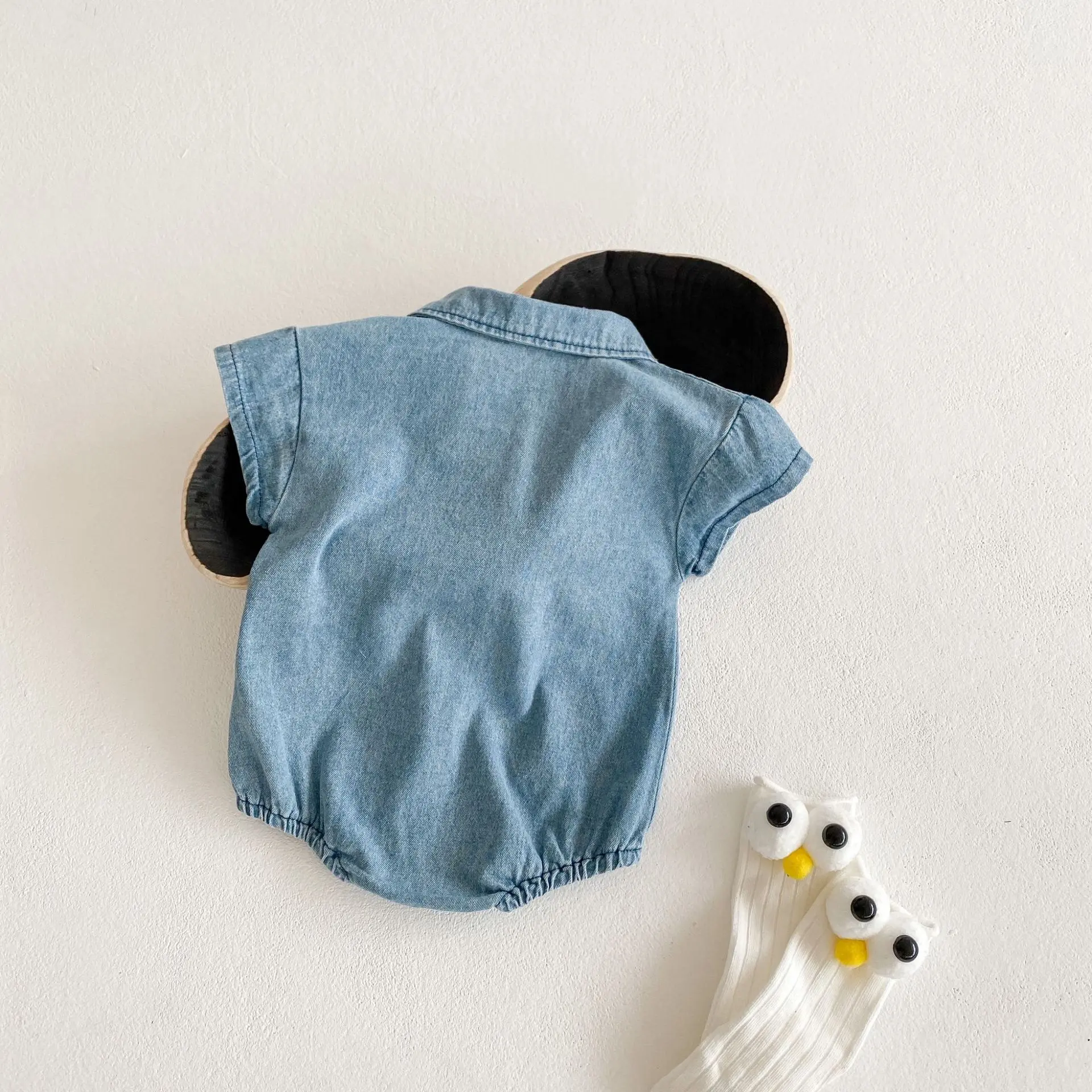 Summer new baby clothes for 0-3 years old, fashionable baby denim short-sleeved jumpsuit, large pocket denim jumpsuit