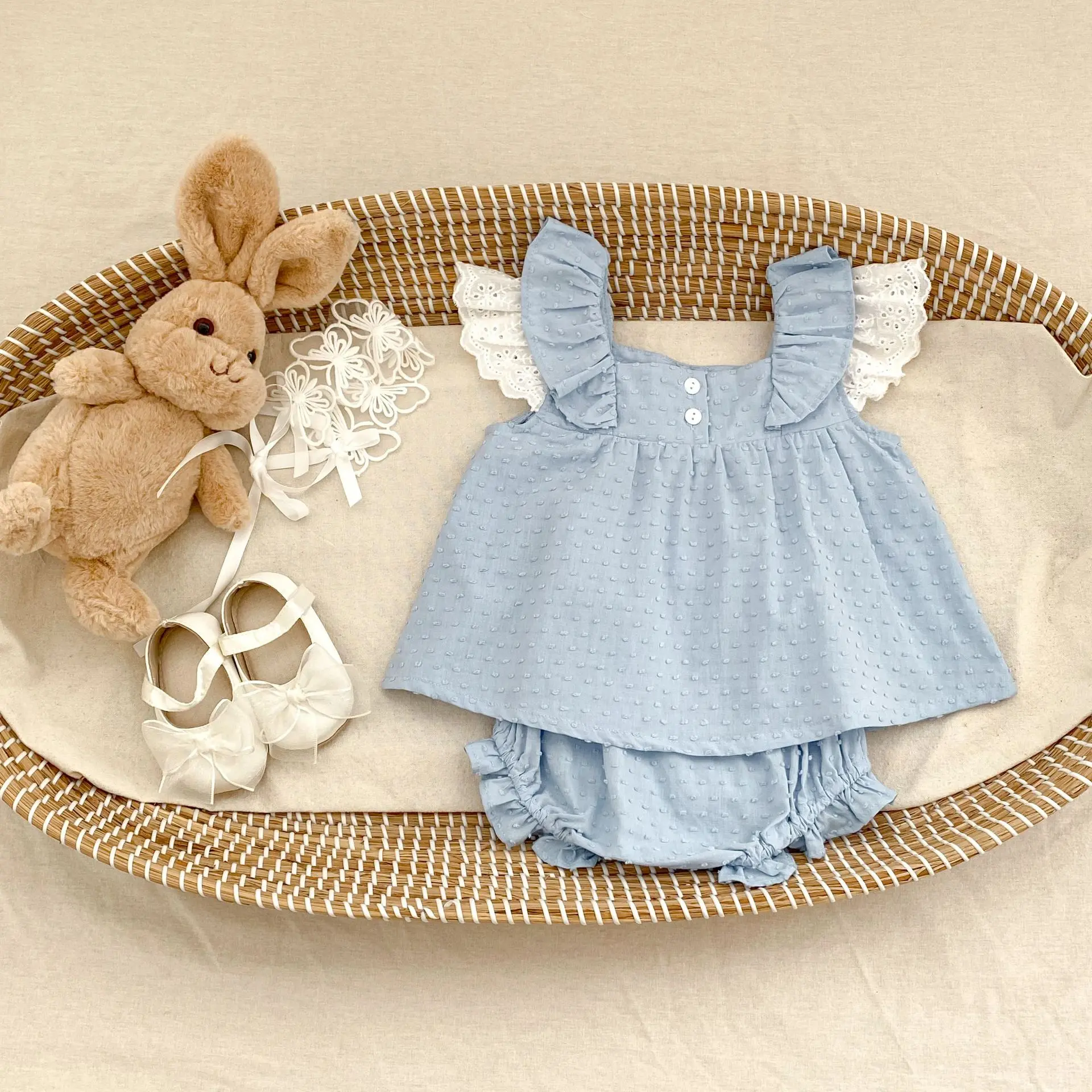 Summer new 0-3 year old baby clothing, fashionable two-piece set for baby girls, cute flying sleeve skirt+bread pants