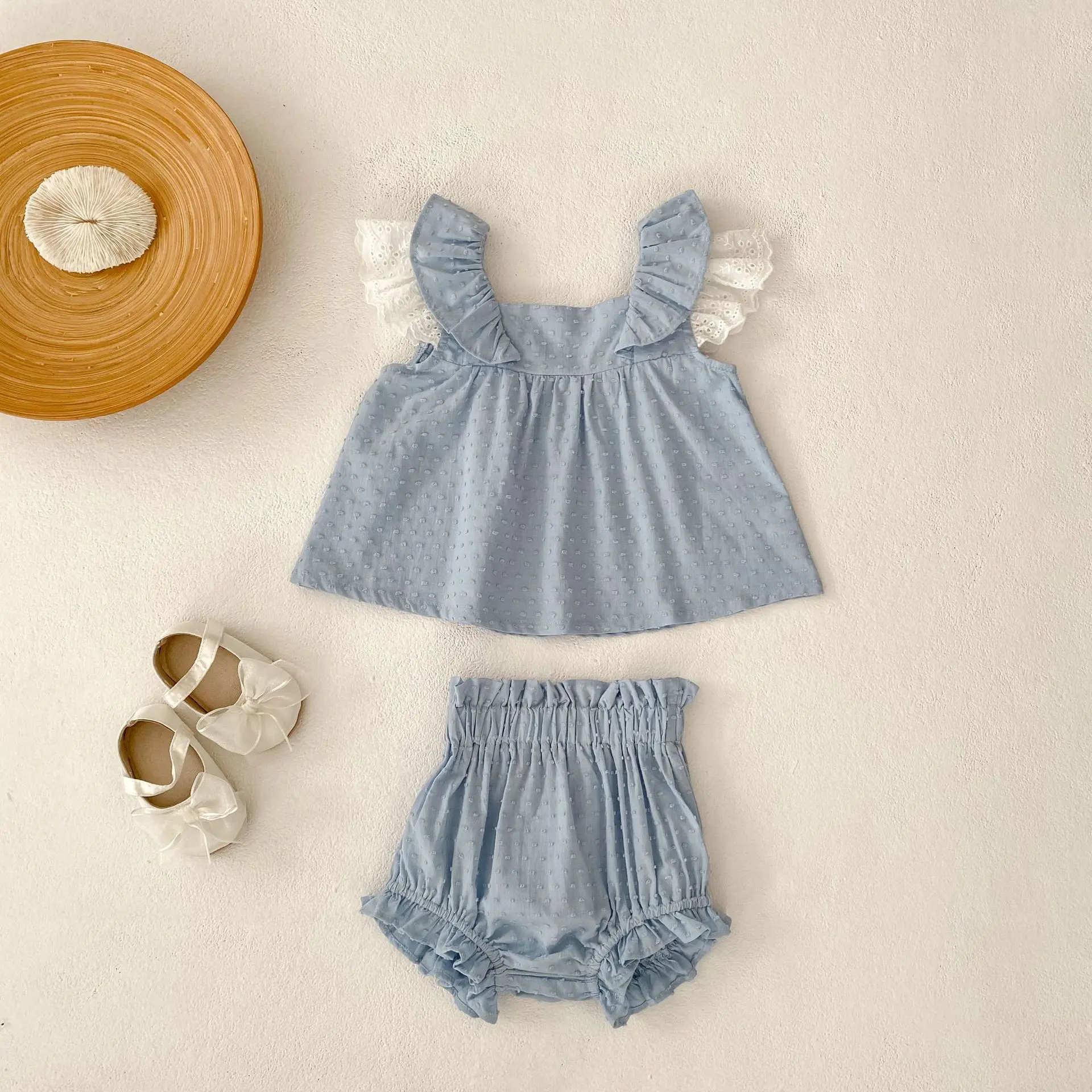 Summer new 0-3 year old baby clothing, fashionable two-piece set for baby girls, cute flying sleeve skirt+bread pants