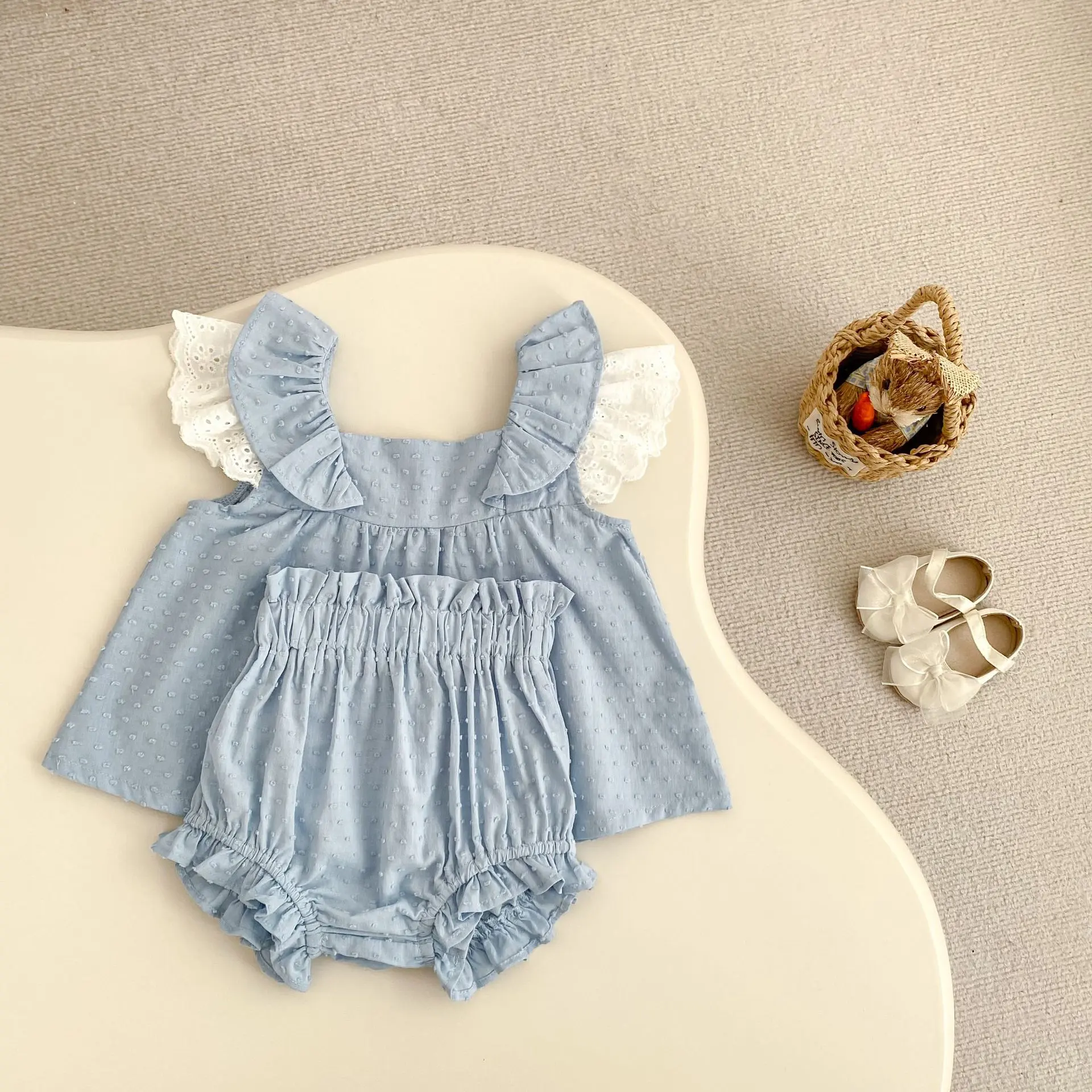 Summer new 0-3 year old baby clothing, fashionable two-piece set for baby girls, cute flying sleeve skirt+bread pants