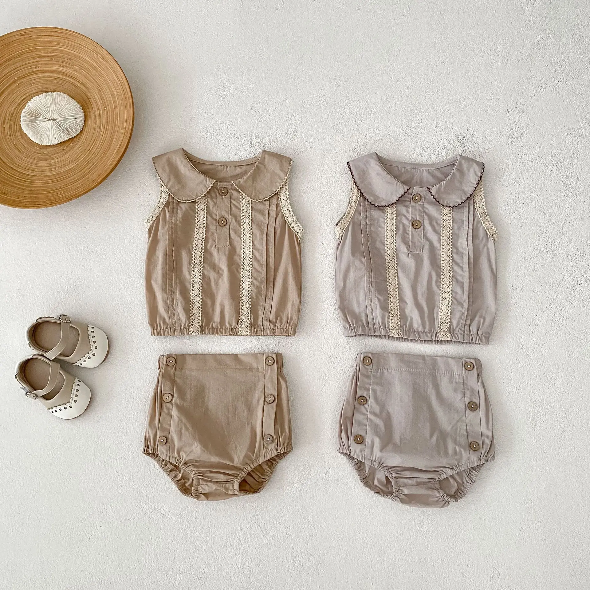Summer new 0-3 year old baby clothing, fashionable baby girl set, exquisite doll collar top+triangular shorts