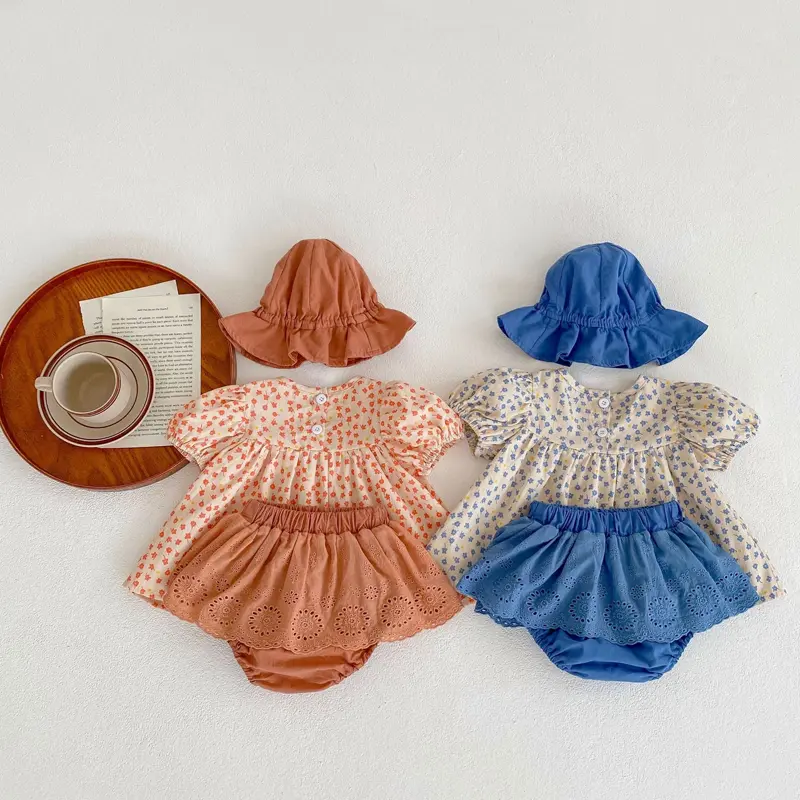 Summer new baby clothing, 0-3 year old girls, floral print short sleeved top+short skirt with buttocks+hat 3-piece set