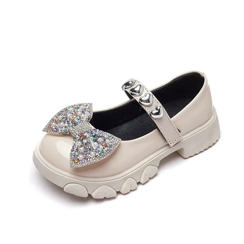 Children Girls Mary Jane Leather Shoes with Bling Bow Pearl Decor Breathable AntiSkid Soft Bottom Princess Party Sandals