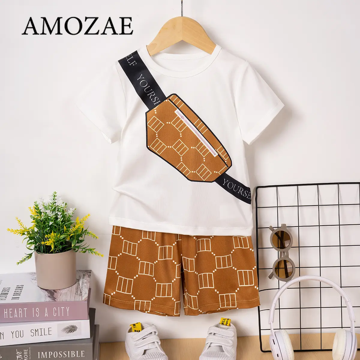 Fashion Summer Boys Girls Street Short Sleeve Shorts Set Novelty Fashion Bag Camo Printed Pattern Tracksuit