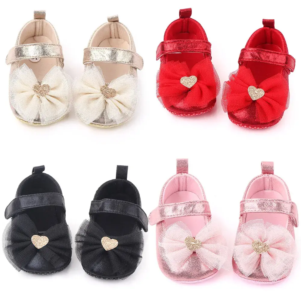 Newborn Girl Princess PU Toddler Shoes Bow Decor Soft Sole Anti-Slip First Walker Shoes 0-18M Bling Shoes for Girls