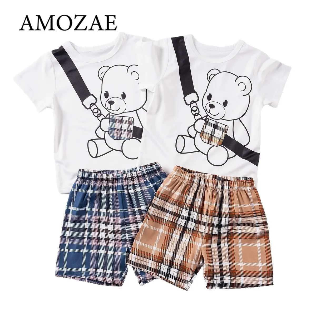 Hot Boys and Children 2-piece Set Casual Bear Print T-shirt and Plaid Shorts Summer Set Comfortable Breathable New Style
