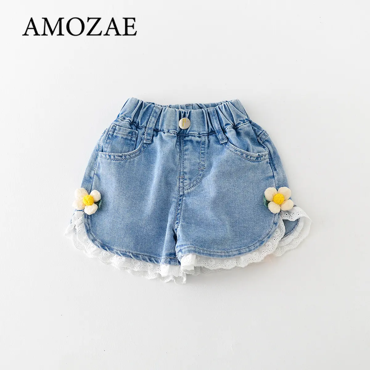 Girls Denim Shorts Summer Elastic Waist Lace Flower Thin Denim Hot Pants Kids Jean Shorts Children's Wear Clothes 2-8Years Old