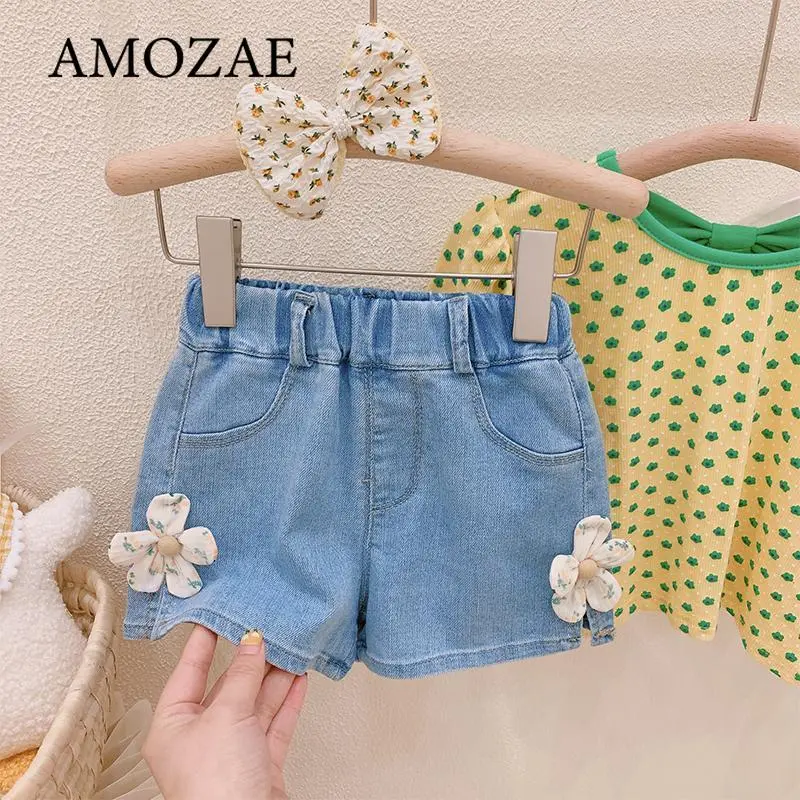 Girls Denim Shorts Summer Elastic Waist Lace Flower Thin Denim Hot Pants Kids Jean Shorts Children's Wear Clothes 2-8Years Old