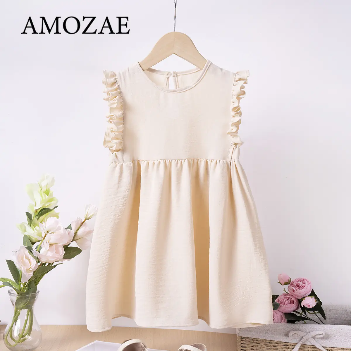 Girls Summer Kids Casual Princess Dress with Ruffled Small Flying Sleeves Solid Color Knee-Length Fashion Clothing for 0-6 Years