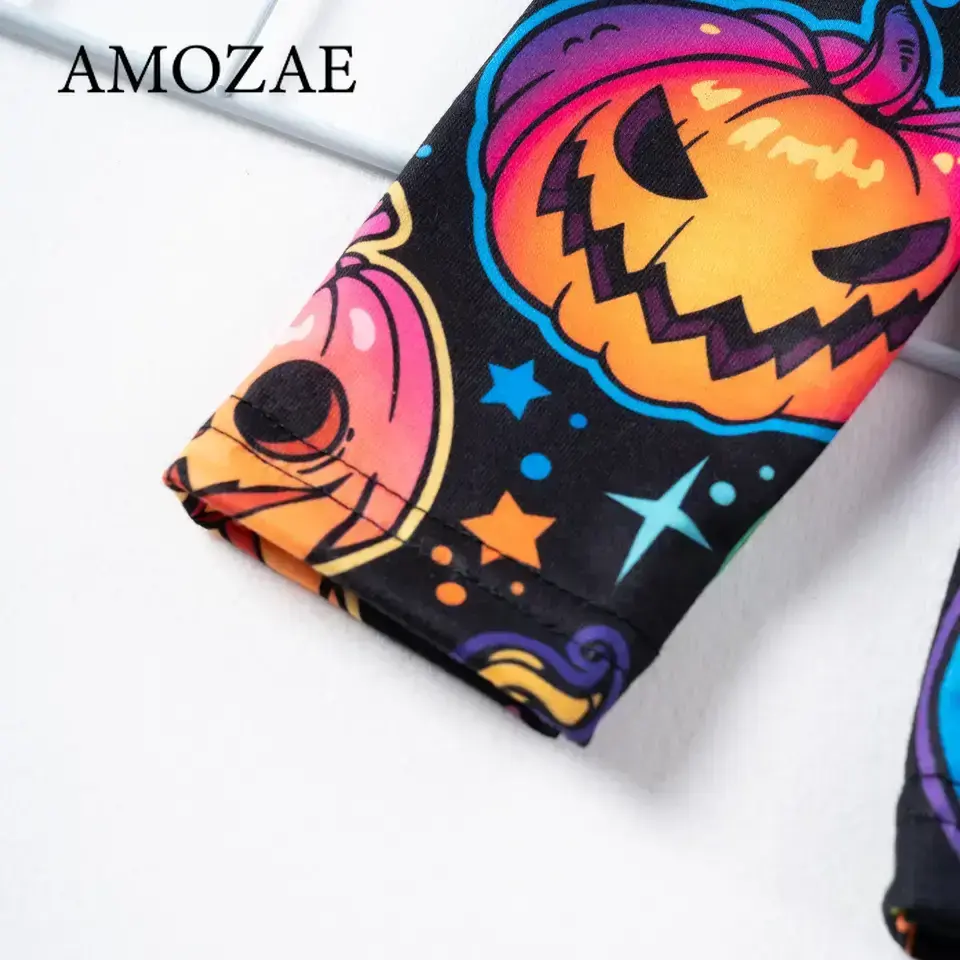 Baby Girl Halloween Costume 2-Piece Set Cartoon Pumpkin Print Long Sleeve Top with Solid Color Flared Pants Festive Outfit