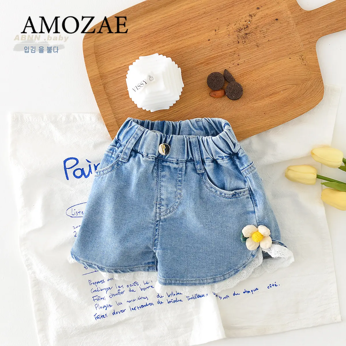 Girls Denim Shorts Summer Elastic Waist Lace Flower Thin Denim Hot Pants Kids Jean Shorts Children's Wear Clothes 2-8Years Old
