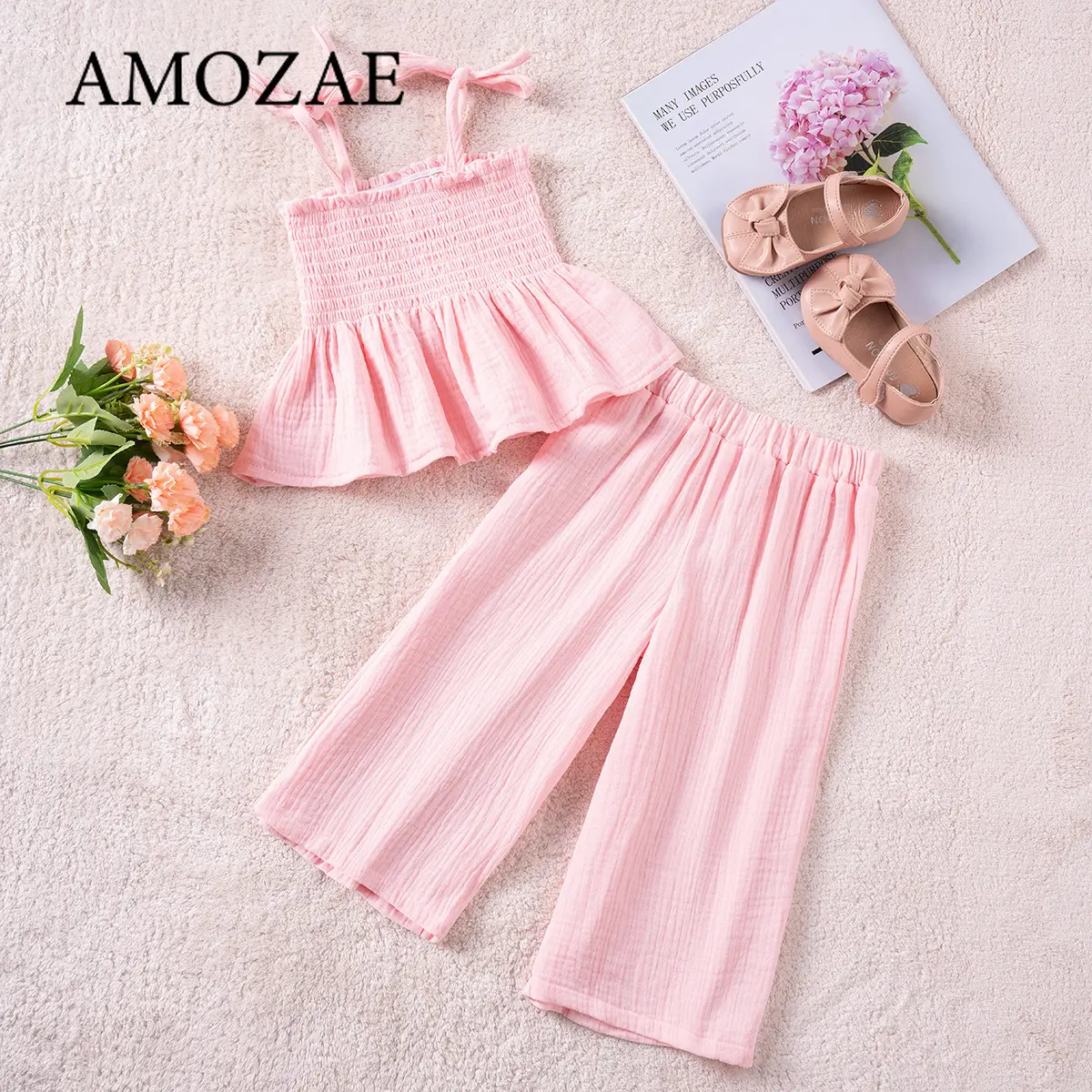 Summer Girls Toddler Sweet Comfortable Solid Color Suspenders Top Wide Leg Pants 2Pcs Clothes Sets for Vacation Travel