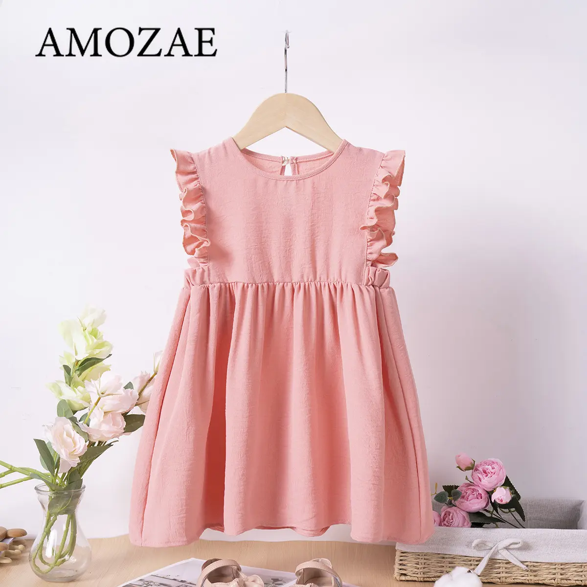 Girls Summer Kids Casual Princess Dress with Ruffled Small Flying Sleeves Solid Color Knee-Length Fashion Clothing for 0-6 Years