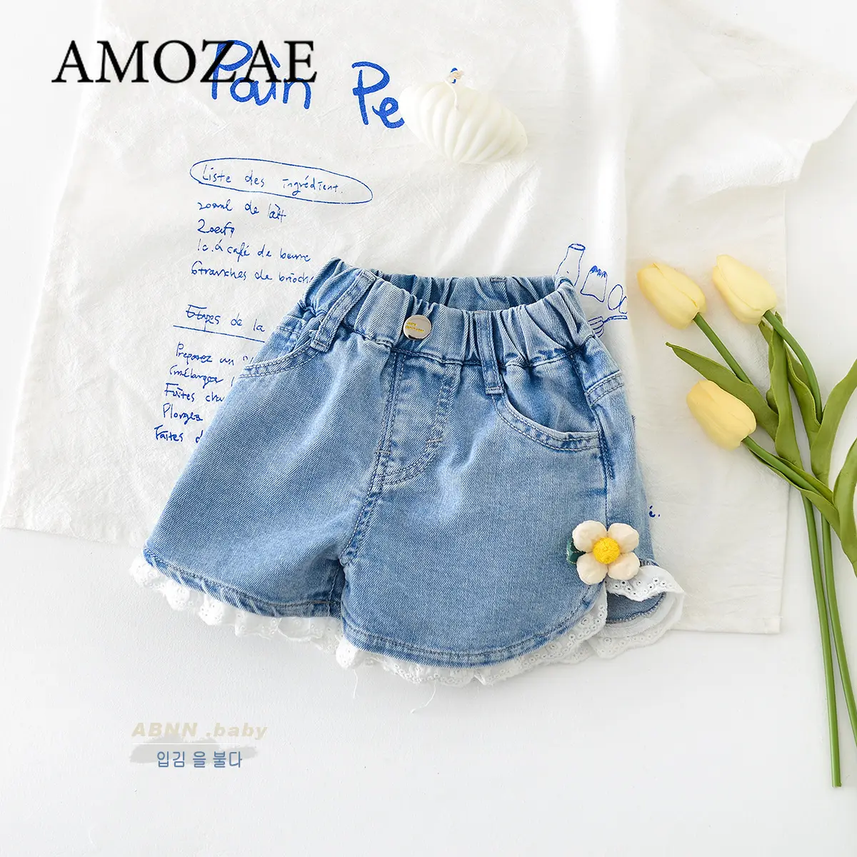Girls Denim Shorts Summer Elastic Waist Lace Flower Thin Denim Hot Pants Kids Jean Shorts Children's Wear Clothes 2-8Years Old
