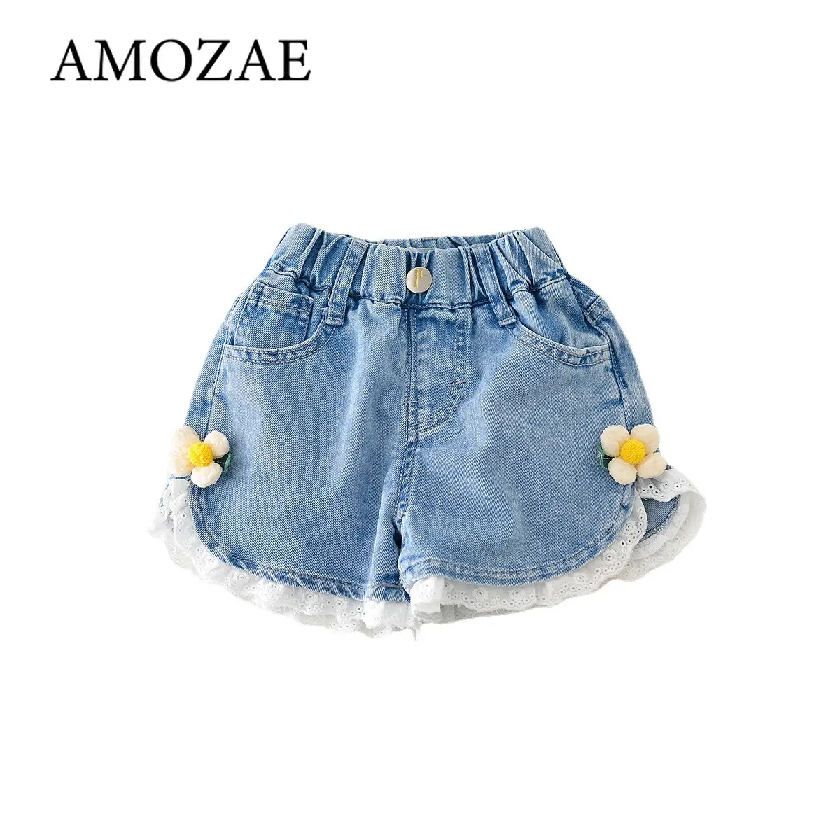 Girls Denim Shorts Summer Elastic Waist Lace Flower Thin Denim Hot Pants Kids Jean Shorts Children's Wear Clothes 2-8Years Old