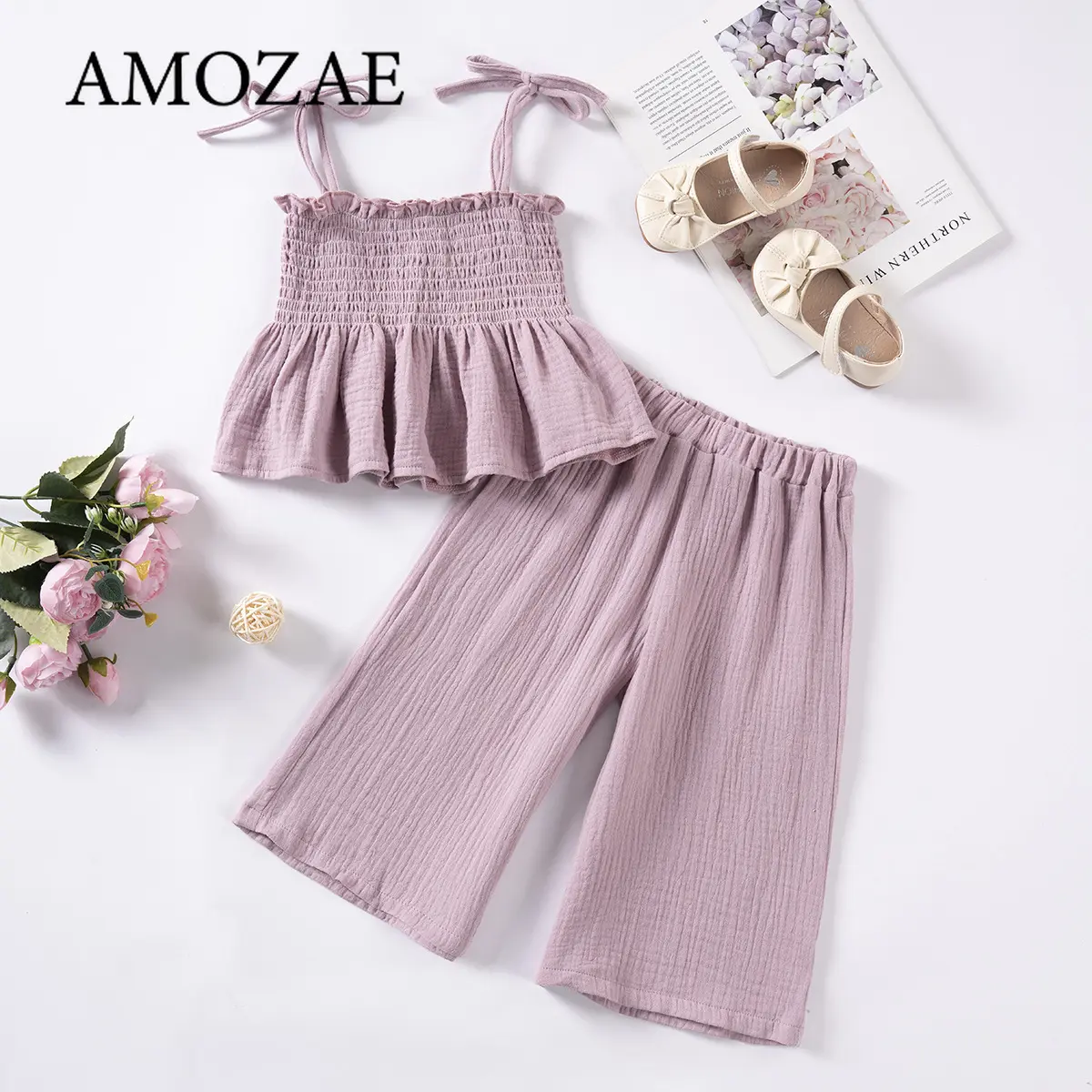Summer Girls Toddler Sweet Comfortable Solid Color Suspenders Top Wide Leg Pants 2Pcs Clothes Sets for Vacation Travel