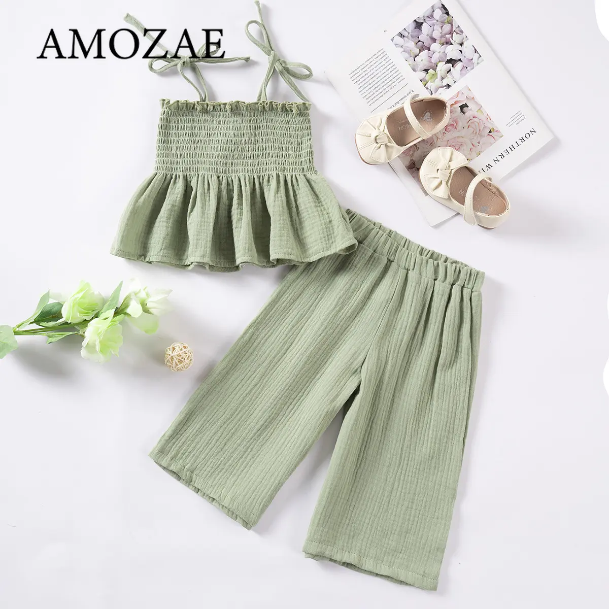 Summer Girls Toddler Sweet Comfortable Solid Color Suspenders Top Wide Leg Pants 2Pcs Clothes Sets for Vacation Travel