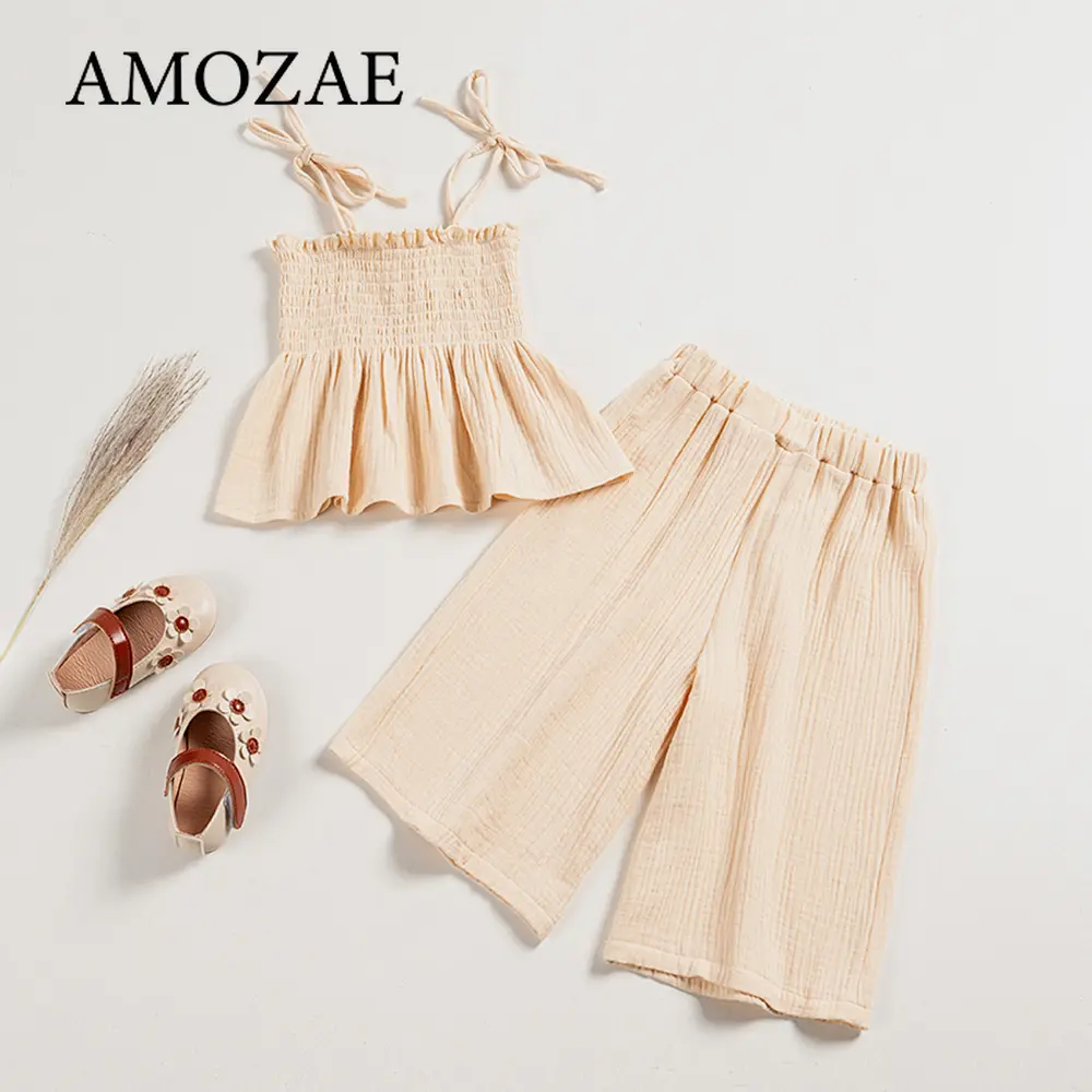 Summer Girls Toddler Sweet Comfortable Solid Color Suspenders Top Wide Leg Pants 2Pcs Clothes Sets for Vacation Travel