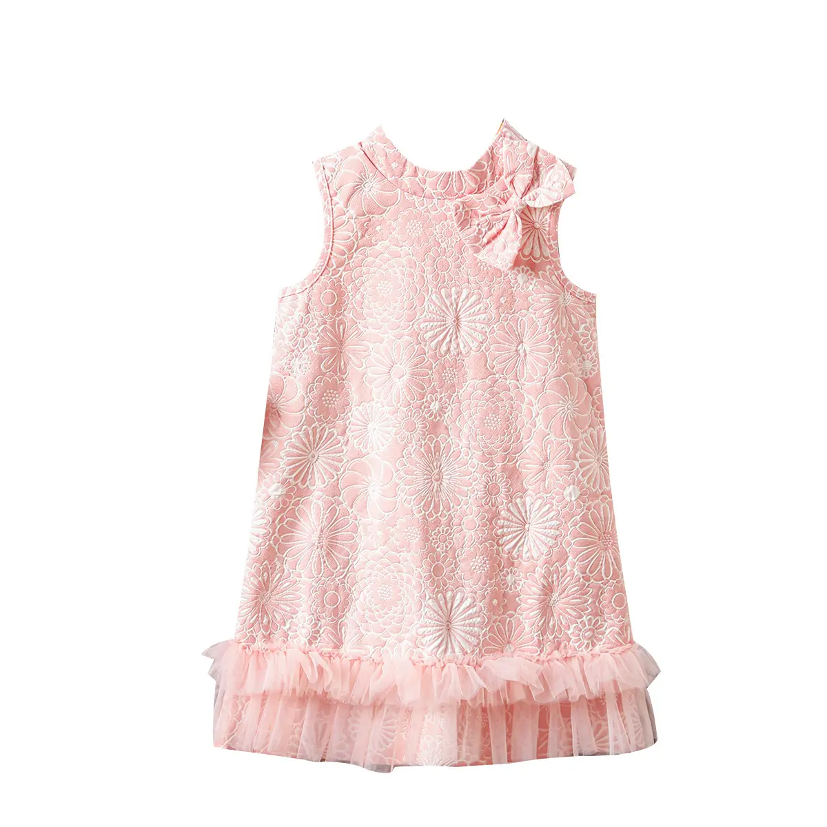Summer New Baby Girls Dress Halter Floral Ribbon Embellishment Embroidery Ruffled Bow Sleeveless Sweet Princess Dress