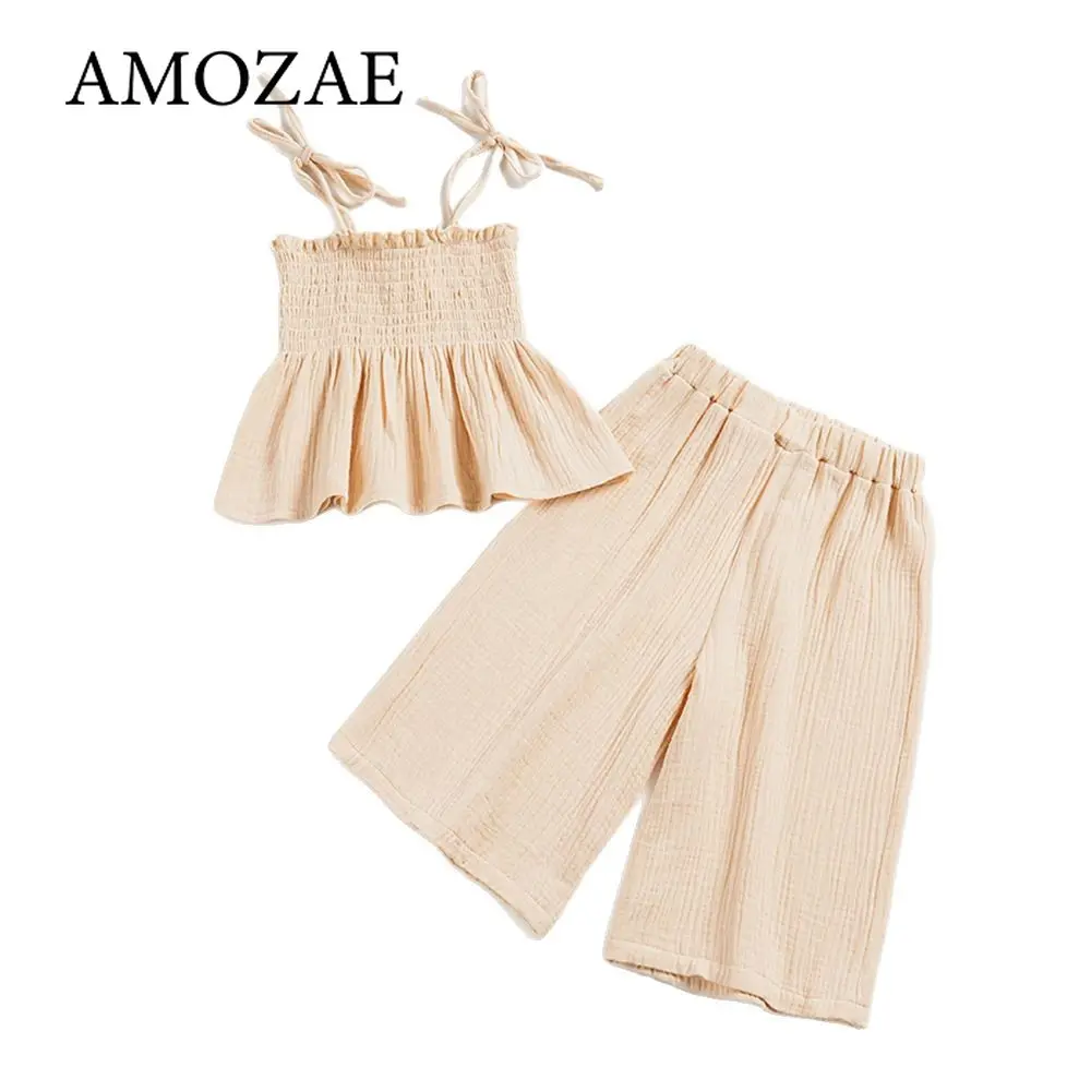 Summer Girls Toddler Sweet Comfortable Solid Color Suspenders Top Wide Leg Pants 2Pcs Clothes Sets for Vacation Travel