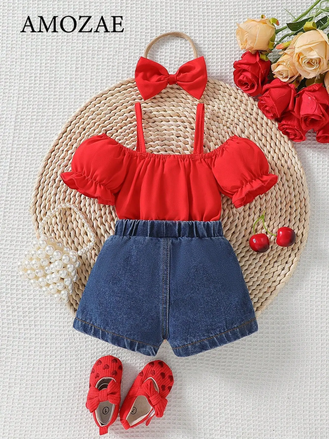 Children Sweet Clothing Sets Summer Kid Baby Girl 2PC Clothes Short Sleeve Top Versatile Denim Shorts Suit Toddler Girl Outfits