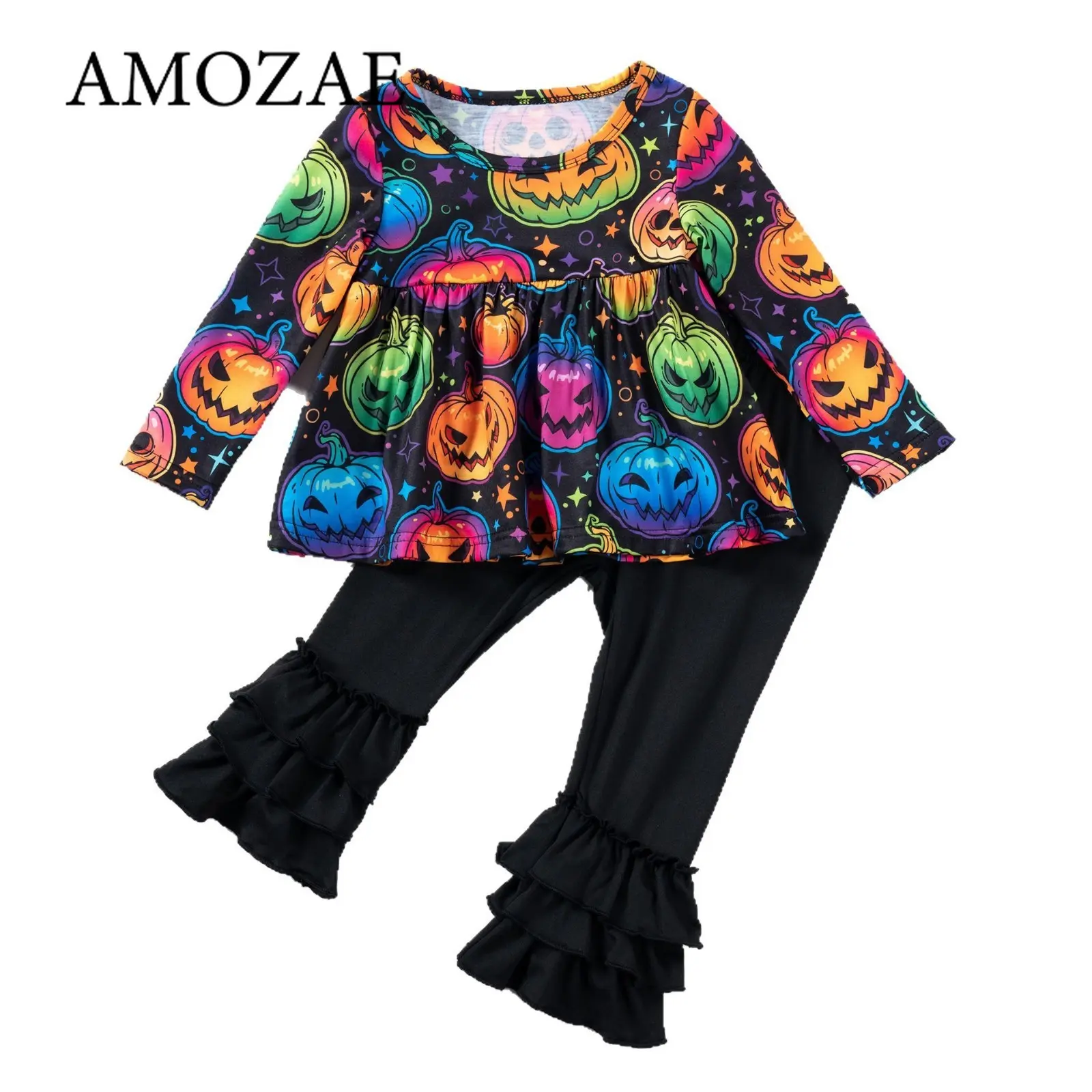 Baby Girl Halloween Costume 2-Piece Set Cartoon Pumpkin Print Long Sleeve Top with Solid Color Flared Pants Festive Outfit