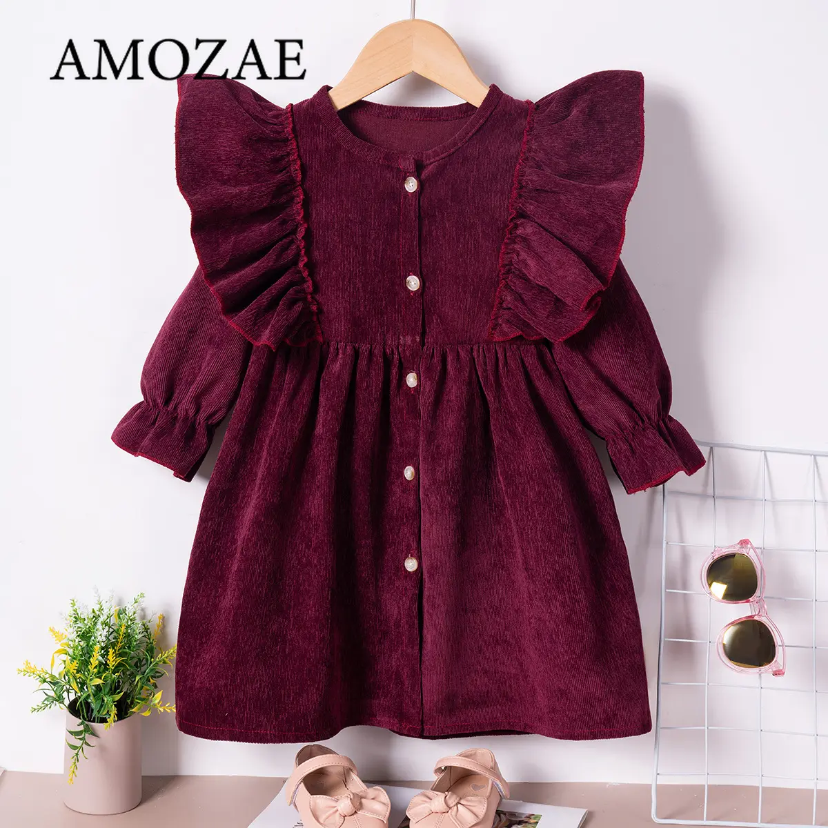 Autumn/winter Girls' Dresses Fashion Solid Color Children's Clothes Buttons Velvet Long-sleeved Knee-length Dress Fly Sleeve
