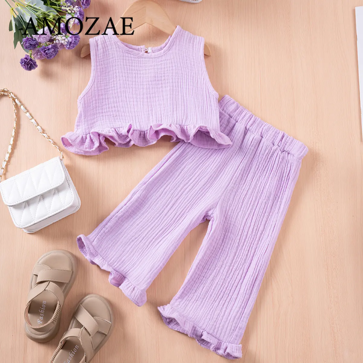 Children Clothing Set Korean Girls Summer Cotton Tie Tank Sling Smocked Top Wide Leg Pants Trousers Outfits Kids Clothes Sets