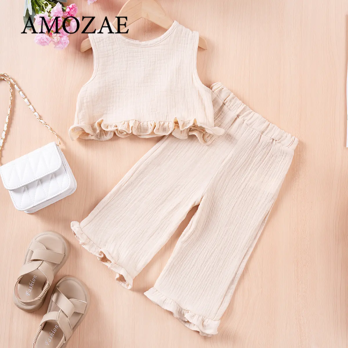 Children Clothing Set Korean Girls Summer Cotton Tie Tank Sling Smocked Top Wide Leg Pants Trousers Outfits Kids Clothes Sets