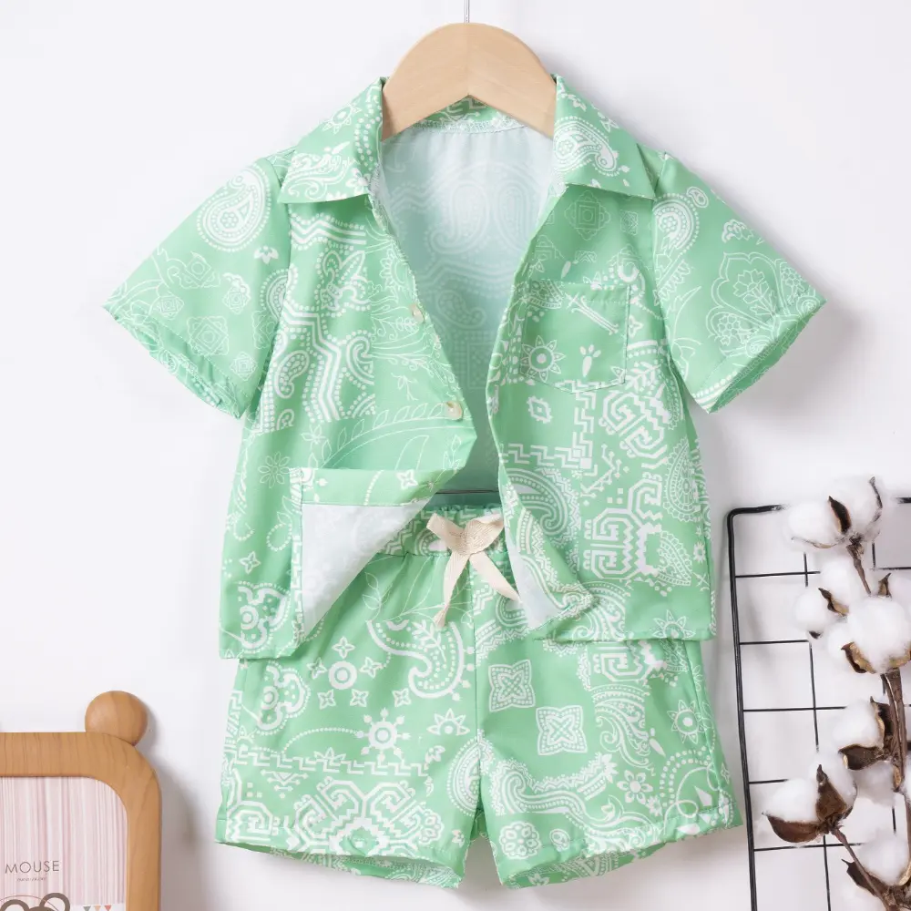 2pcs New Summer Boys Thin Printed Shirt Split Suit Full Print Color Fashion Casual Sports Style Beach Travel Outdoor Party Set