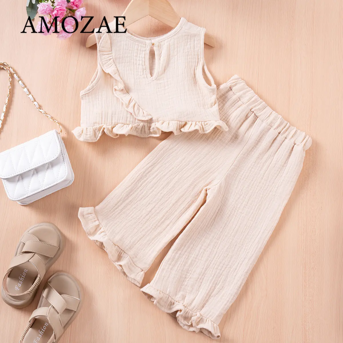 Children Clothing Set Korean Girls Summer Cotton Tie Tank Sling Smocked Top Wide Leg Pants Trousers Outfits Kids Clothes Sets
