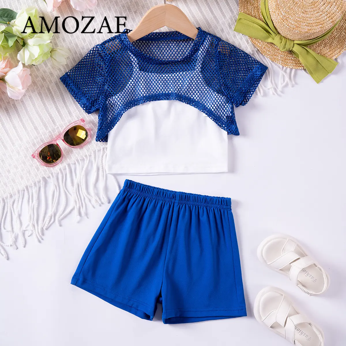 Summer Girls 3PC Set 0-6Y Short Sleeve Hollow Top Backless Vest Shorts Casual and Fashionable Children's Sport Clothing