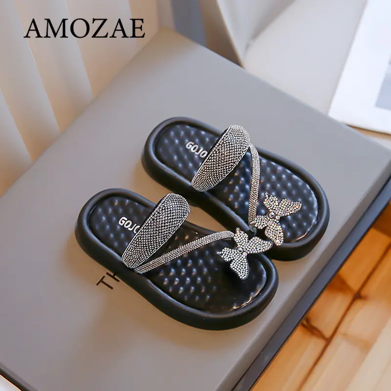 Girls Princess Shoes Shiny Crystal Butterfly 2025 Summer New Kids Slippers Toe Covering Girls Sandals Non-slip Comfortable Chic