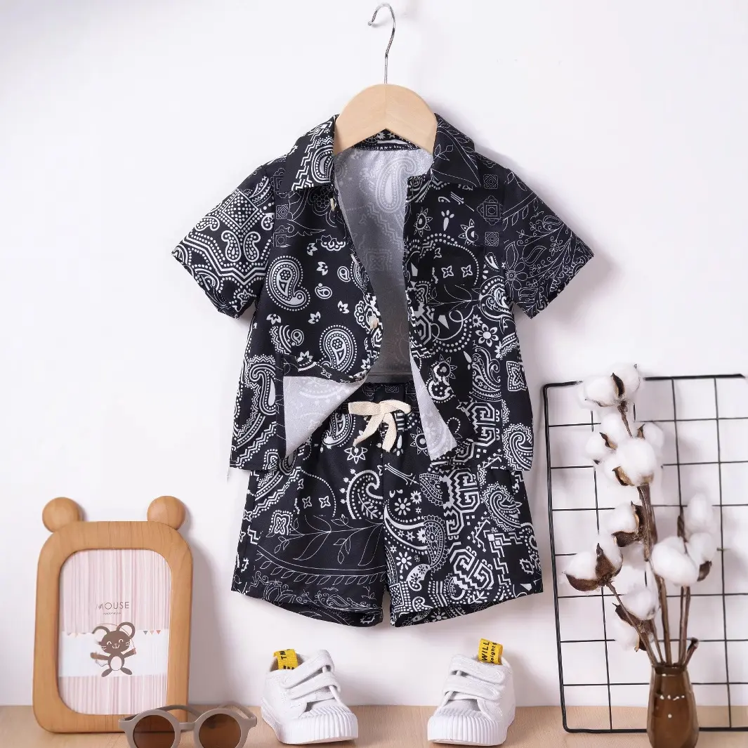 2pcs New Summer Boys Thin Printed Shirt Split Suit Full Print Color Fashion Casual Sports Style Beach Travel Outdoor Party Set